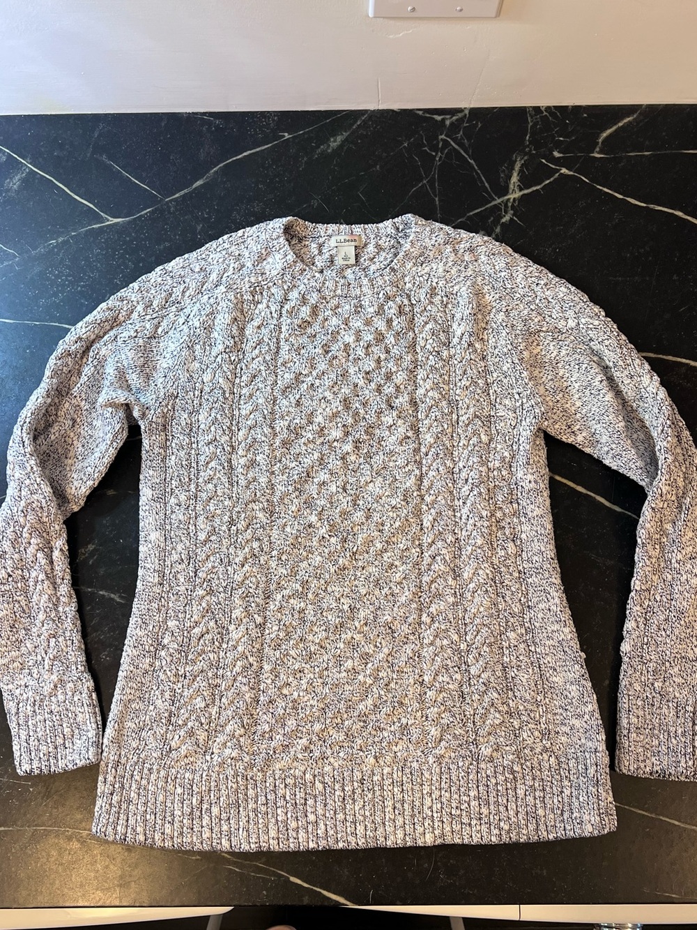 L.L. Bean Women’s Cotton Marled Navy Crewneck Cable Knit Fisherman Sweater